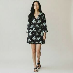 Zimmermann Dress Size 3 US 10/12 Black Floral Linen Mini Tie Waist Wedding